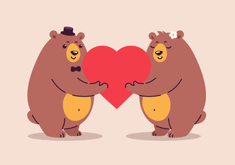Love cartoon illustration. Two happy bears in love and happy together. Cute bear characters hold a big red heart. Illustration is great for weddings, anniversary celebration, special couple events