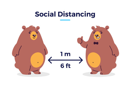 Social distancing vector illustration cartoon positive - COVID-19 Keep your distance 1 m / 6 ft icon - two cool bears animal characters on one meter / six feet distance  from each other