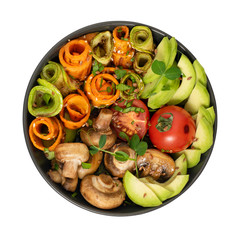 Grilled vegetables in a black plate on a white isolated background. Roasted vegetable mix, vegan menu.