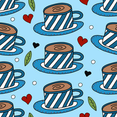 Coffee. Cups with coffee, hearts and green leaves on blue background. Vector seamless pattern. Cartoon style. Cute design for banners, posters, cards, fabric, textile, prints, packaging, scrapbooking.