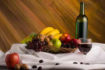 Still life, fruit and wine