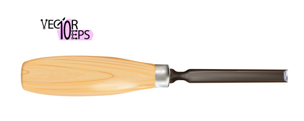 Realistic carpenter chisel with wooden handle isolated on a white background. Tool for carving, craft or construction. Wood processing cutting edge of blade. Vector illustration.