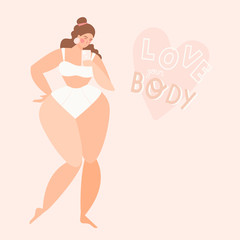 Plus size girl. Beautiful overweight woman taking selfie. Body positive lettering in heart