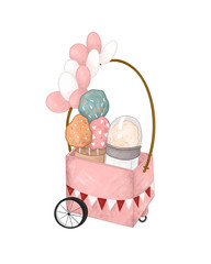 Cotton candy. Vintage cotton candy cart. Amusement park. Retro illustration on white isolated background