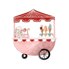 Sweets and ice cream. Vintage cart with ice cream. Amusement park. Retro illustration on white isolated background