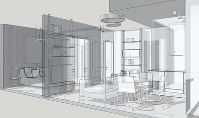 Illustration of apartment in blueprint style. Line sketch of the interior living room.