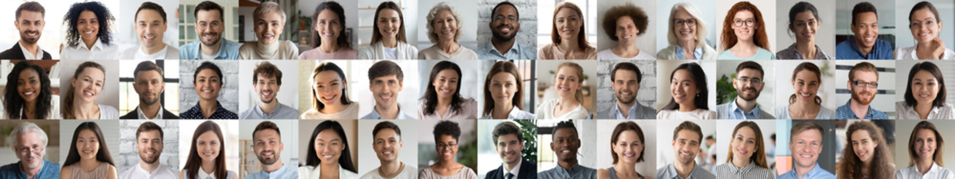 Many smiling multiethnic people faces headshots collage mosaic. Lot of young and old adult diverse ethnicity professional people group looking at camera. Horizontal banner for website header design