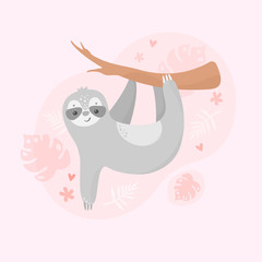 Cute sloth on pink background with tropical leaves. Vector fun animal for kids. Illustration for poster, card, invitation, t-short