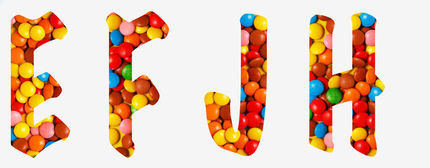 candy alphabet font e,f,j,h, made of real colored candy cut letter shape. Collection of brilliant candy font for your unique decoration with concept ideas