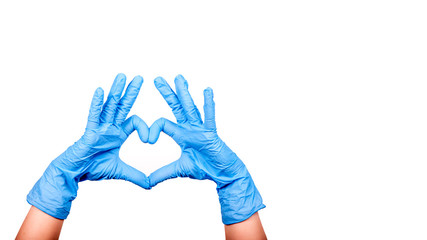 Medical gloves. Hands in the form of a heart. Blue on a white banner.