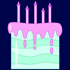 Cake with candles flat icon isolated on dark background. Cute design in pastel colors for stickers, labels, gift wrapping paper, bakery, wedding invitations, cake studio. Beautiful sweet cake.