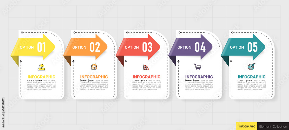 Poster infographics design template, 3d business concept with 5 steps or options, can be used for workflow 