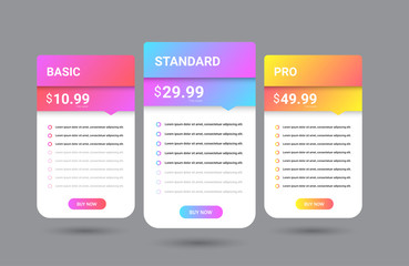 Modern pricing table, plan template . Price list collection for applications or websites. vector illustration.