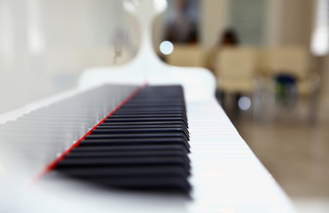 close frontal . The piano was set up in the music room to allow the pianist to rehearse before the classical piano performance in celebration of the great businessman's success .close-up of piano keys