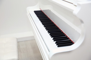 close frontal . The piano was set up in the music room to allow the pianist to rehearse before the classical piano performance in celebration of the great businessman's success .close-up of piano keys