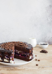 Homemade chocolate cake with whipped cream, blueberry jam and chocolate chips
