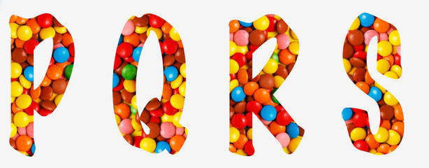 candy alphabet font p,q,r,s, made of real colored candy cut letter shape. Collection of brilliant candy font for your unique decoration with concept ideas