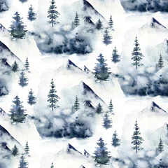 Printed kitchen splashbacks Forest Watercolor winter forest seamless pattern. Christmas tree landscape with Pine Trees fir in the Mountains. Hand painted blue Background. Snow holiday design paper