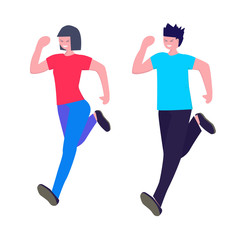 Happy man and woman running. Vector Illustration in flat style for marathon, city run, training, cardio exercising. Sport, jogging, fitness, training, healthy active lifestyle concept