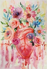 Watercolor blooming human heart. Tattoo anatomy vintage illustration. Template for designs, card, posters, board, wallpaper.
