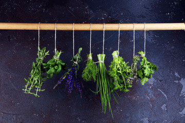 Fresh herbs hanging in front of a rustic background. Basil, flower sage, thyme, oregano, dill,...
