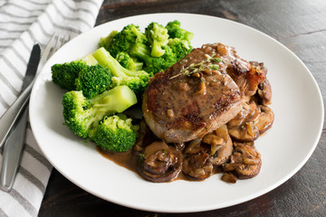 Filet Mignon in Mushroom Wine Sauce: Filet mignon steak with a creamy mushroom sauce served with broccoli florets