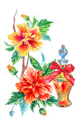 Perfume bottle and tropical hibiscus flowers, watercolor illustration on white background, isolated. Floral arrangement for greeting card and other designs.