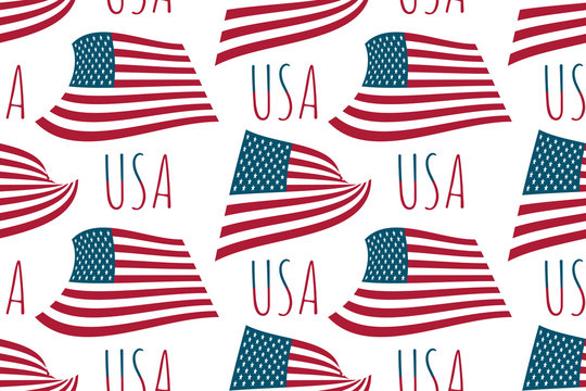 Seamless pattern USA waving flag and text USA on white background. National United States holidays wallpaper, wrapping paper print. Patriotic US celebration decoration. Vector illustration