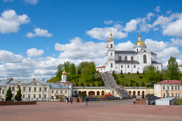 VITEBSK, BELARUS - 14 May 2020: Pushkin bridge near Holy Dormition Cathedral on the Uspenskaya mountain, Vitebsk, Belarus