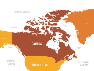 Obraz premium Canada map - brown orange hue colored on dark background. High detailed political map Canada and neighboring countries with country, ocean and sea names labeling