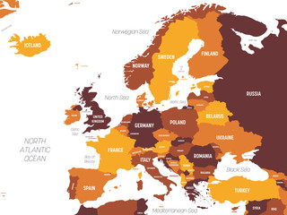 Europe map - brown orange hue colored on dark background. High detailed political map of european continent with country, ocean and sea names labeling