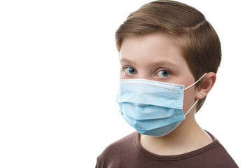 Child in medical mask on white isolated background