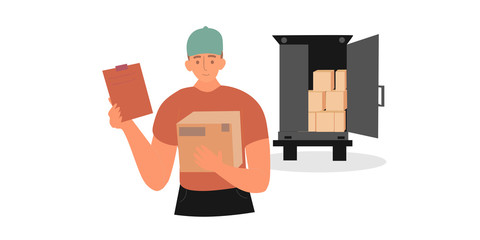 Delivery courier man holding package with delivery truck on background Vector Illustrations
