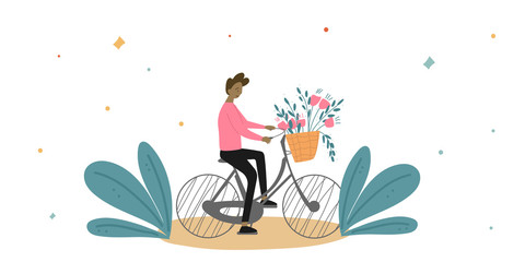 Cute happy young woman in stylish clothes riding bicycle with flower bouquet in front basket. Vector illustration