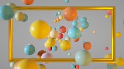 Frame on the background of balls, dynamic composition. 3D render