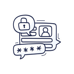 Let's talk about security. Doodle vector illustration with chat icons, padlock. Talk about data protection and cybersecurity