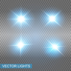 Set of Vector Neon Light Effects. Blue glowing light explodes .Bright Star. Special line flare light effects for design and decor. Blue background.