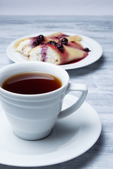 Morning tea, crepes with cottage cheese and jam.