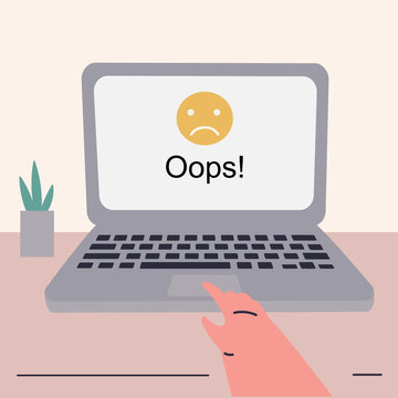 Template for an error page illustration.Page not found.Concept illustration for 404 error.Laptop with oops page.A person who cannot load a website or web page.Flat vector colorful illustration.