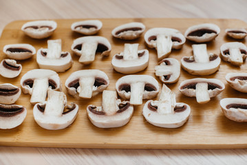 Thinly sliced fresh raw mushrooms for cooking vegetarian dishes . Healthy diet