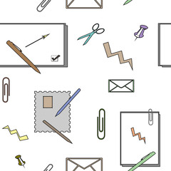 Office items, pen, documents, clip, pencil, seamless pattern, white background