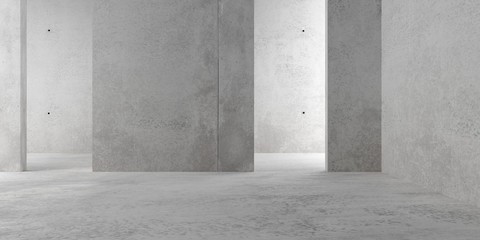 Abstract empty, modern concrete walls room with indirect lit backwall, center walls and rough floor - industrial interior or gallery background template