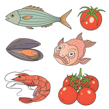 Vector graphic illustration with sea food and tomatoes on a white background