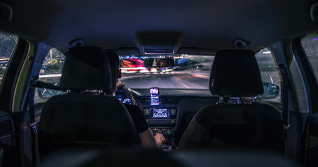 Car speed night drive on the road in city driver Long exposure .
