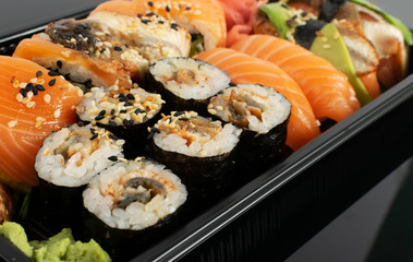 Plastic Container with Sushi Set Ready for Takeout Delivery