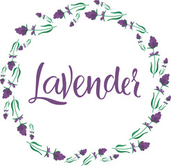 Lavender hand written sign in flowers round frame in provance style. Vector stock illustration isolated on white backgroud for logotype, brand, label, packaging design. EPS10