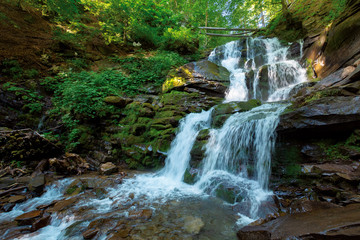Obraz premium waterfall in the fores. rapid water of mountain river. beautiful nature background. calming summer landscape