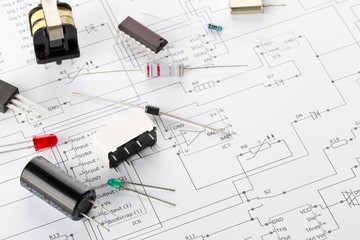 Different electronic parts or components on pcb wiring diagram with resistors, capacitors, diode...