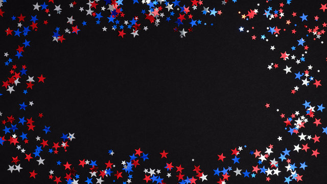 Frame of blue red white confetti. USA Independence Day decoration elements - confetti stars in national colors. 4th of July banner mockup.