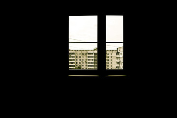 Window on a black background in the style of minimalism